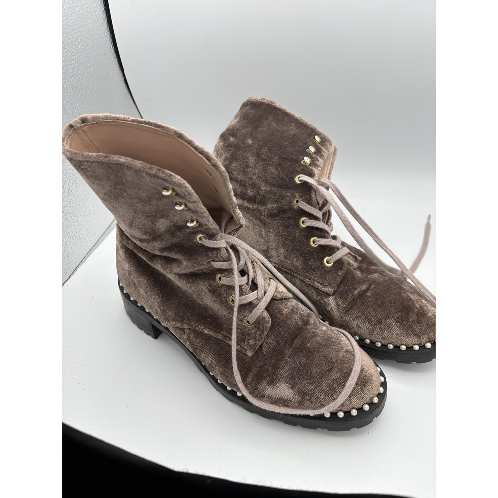 Stuart Weitzman Boots‎ Womens Size 8 Brown Velvet Combat Pearl Studded Booties